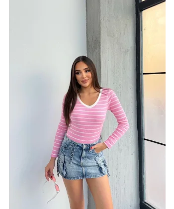 V yaka çizgili bluz pembe A3699