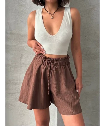 Volanlı keten şort kahve s255058