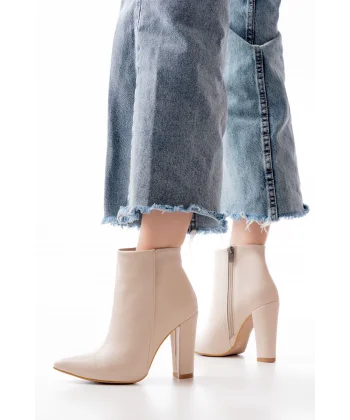 VRT-4801 Bej Yüksek Kalın Topuklu Fermuarlı Kadın Bot