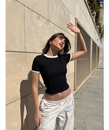 Yaka kol garnili ön parçalı bluz