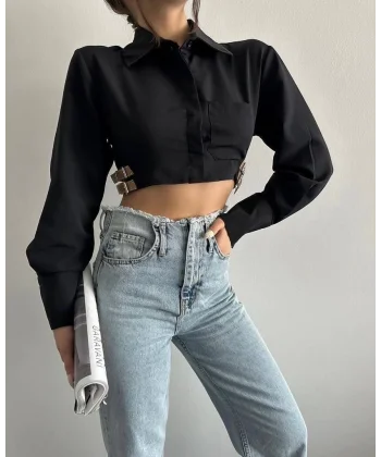 Yanı kemer detaylı crop gömlek siyah s4009