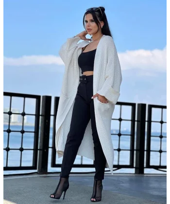 Yarasa kol uzun triko hırka beyaz