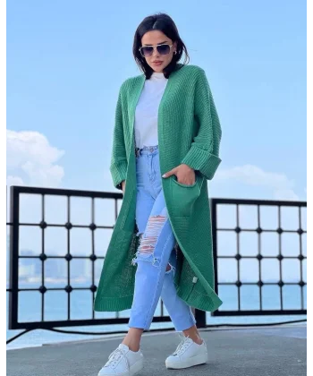 Yarasa kol uzun triko hırka Çağla yeşili