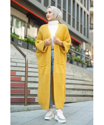 Yarasa kol uzun triko hırka hardal