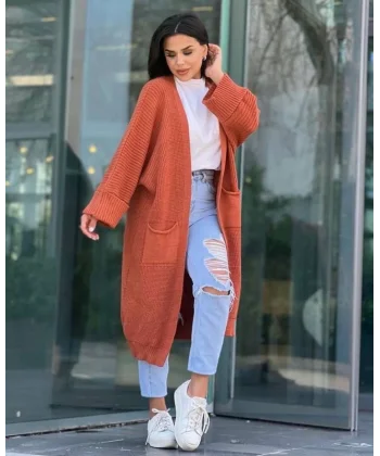 Yarasa kol uzun triko hırka kremit