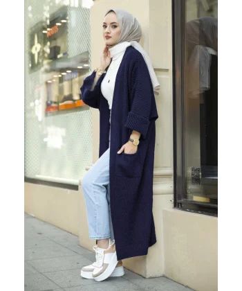 Yarasa kol uzun triko hırka lacivert