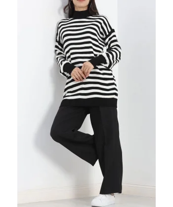 Yarım balıkçı yaka çizgili oversize triko kazak siyahbeyaz