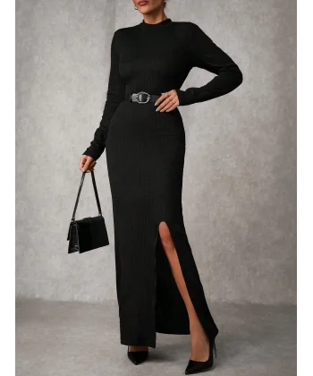 Yırtmaçlı jakarlı uzun elbise siyah A3793