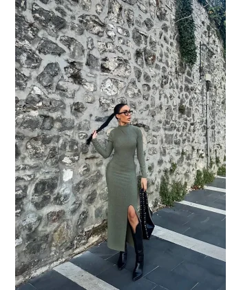 Yırtmaçlı kalın bürümcük uzun elbise Yeşil