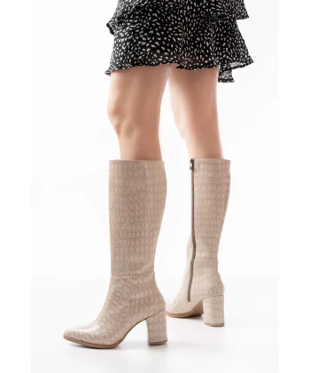 YSN-4422 Bej Kroko Topuklu Kadın Çizme