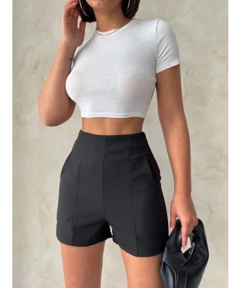 Yüksek bel parçalı double kumaş şort s25312