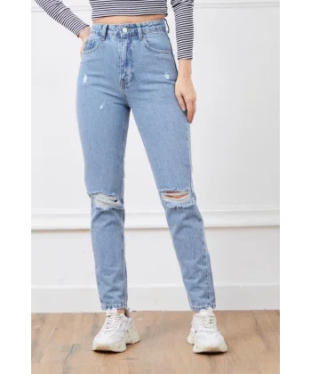 Yüksek bel yırtmaçlı mom jean pantolon