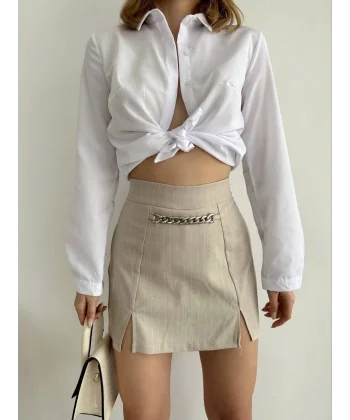 Zincir detaylı çizgili şort etek