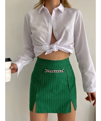 Zincir detaylı çizgili şort etek