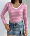 V yaka çizgili bluz pembe A3699