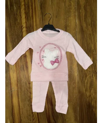 3-12 aylık kedi desen işlemeli takım pembe