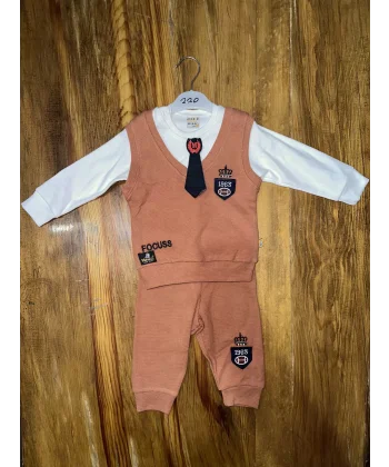 6-24 aylık kravatlı üçlü takım kahve