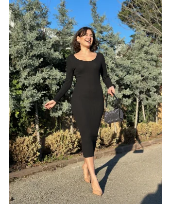 V yaka Uzun kollu midi boy elbise siyah A3154