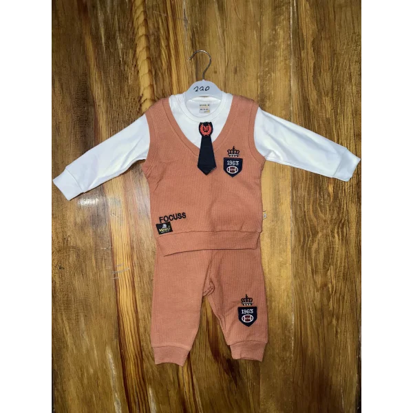 6-24 aylık kravatlı üçlü takım kahve