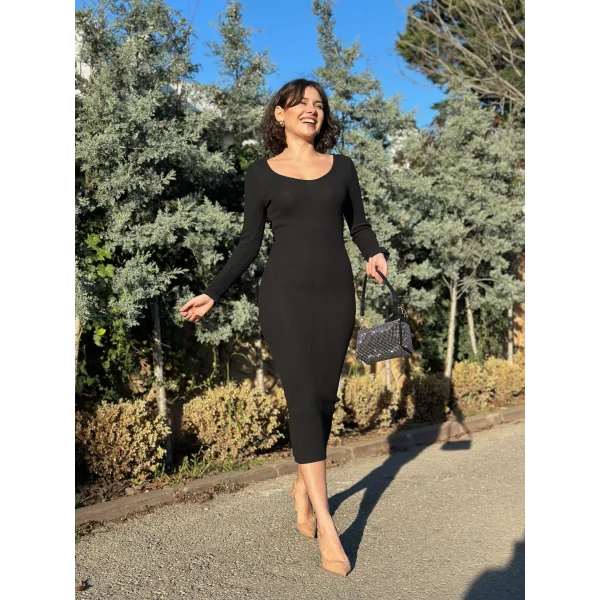 V yaka Uzun kollu midi boy elbise siyah A3154