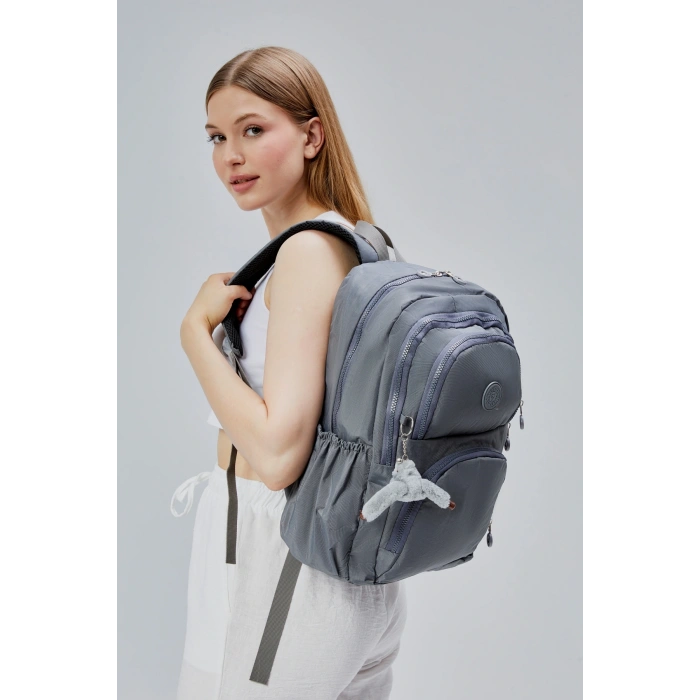 ASM SPOR Su Geçirmez Ortaokul&Lise Sırt Çantası-Çok Cepli,Hafif ve Dayanıklı Krinkil Kumaş Gri