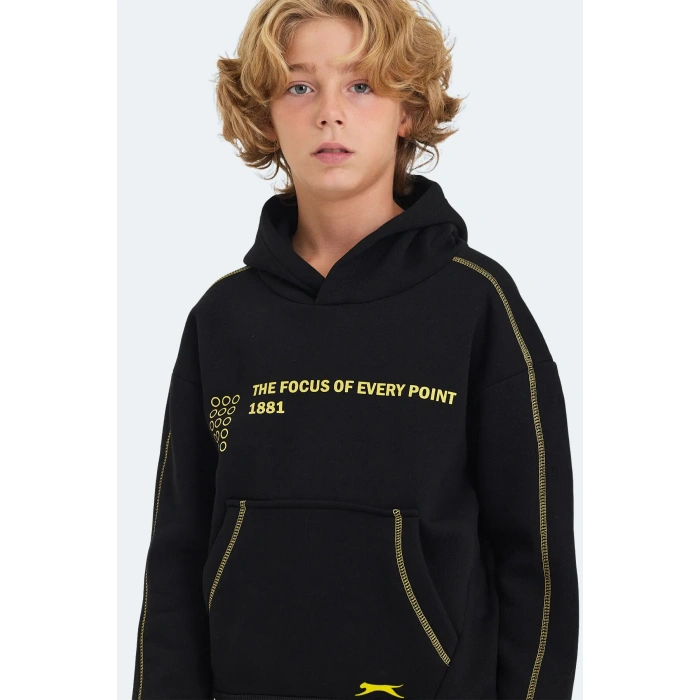 Slazenger LEVON Unisex Çocuk Kapüşonlu Cepli Siyah Sweatshırt