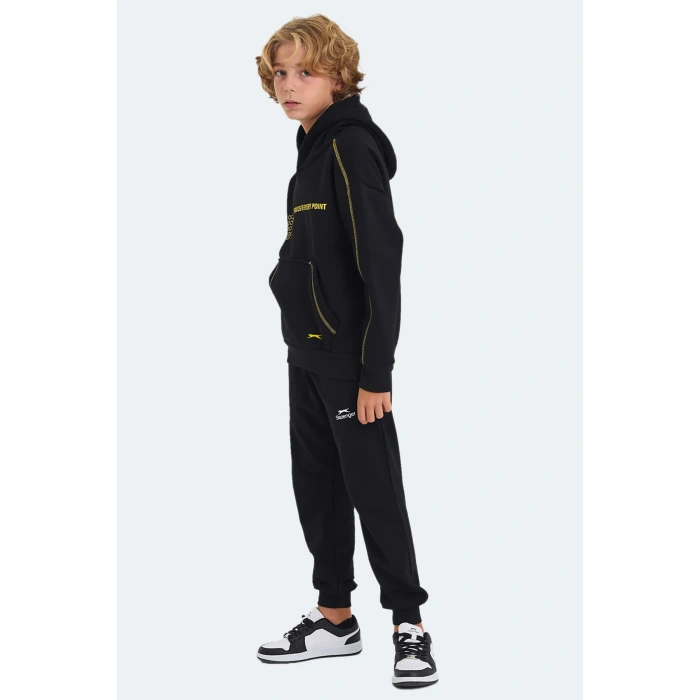 Slazenger LEVON Unisex Çocuk Kapüşonlu Cepli Siyah Sweatshırt