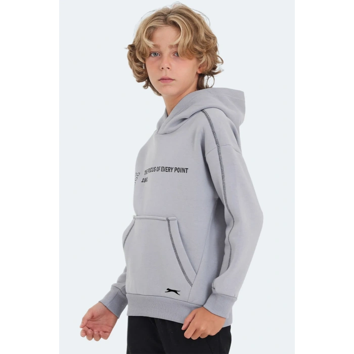Slazenger LEVON Unisex Çocuk Kapüşonlu Cepli Taş Gri Sweatshırt