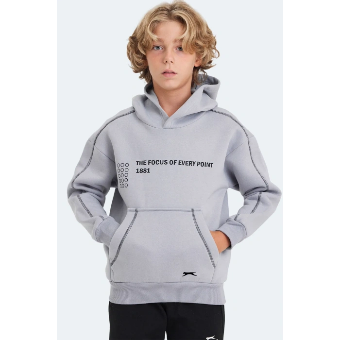 Slazenger LEVON Unisex Çocuk Kapüşonlu Cepli Taş Gri Sweatshırt