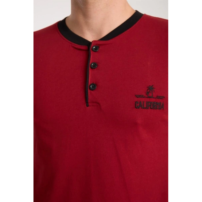 Erkek Bordo Düğmeli Yaka Kısa Kol Pijama Takımı
