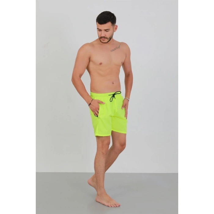 Erkek Fermuarlı Cepli Deniz Şortu Neon Yeşil