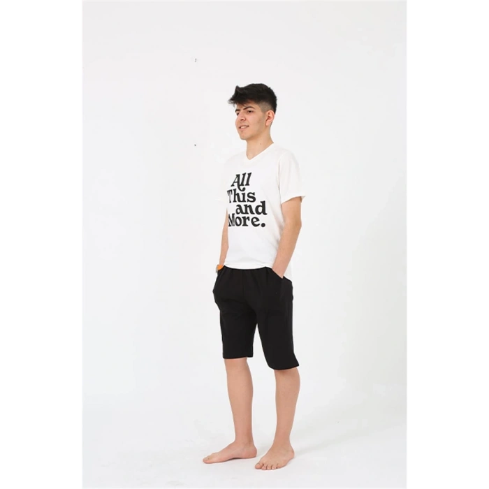 Erkek Genç Garson Boy Kısa Kol Ekru Penye Şortlu Pijama Takımı