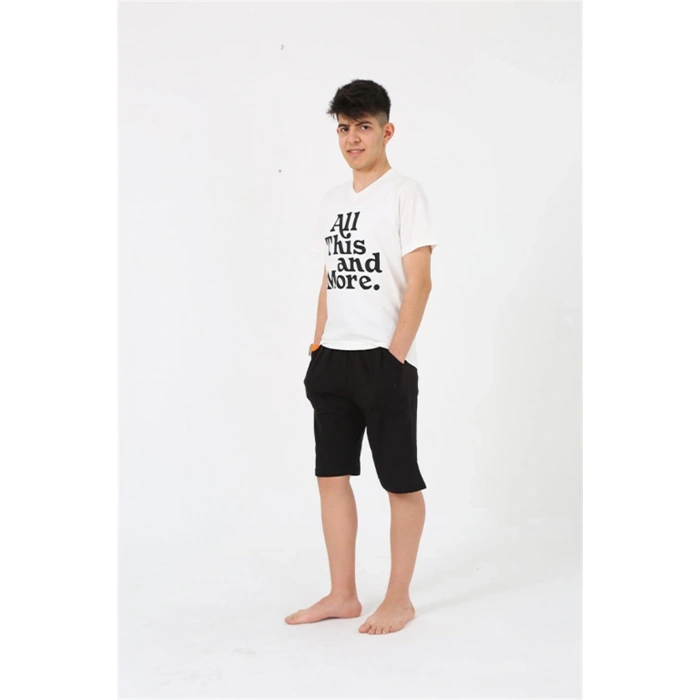 Erkek Genç Garson Boy Kısa Kol Ekru Penye Şortlu Pijama Takımı