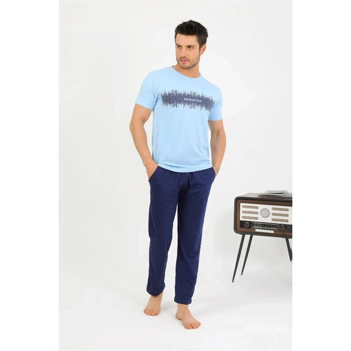 Erkek Pamuk Kısa Kol Pijama Takım Mavi
