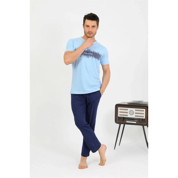 Erkek Pamuk Kısa Kol Pijama Takım Mavi