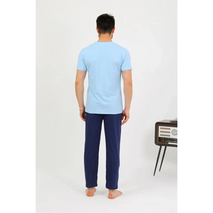 Erkek Pamuk Kısa Kol Pijama Takım Mavi
