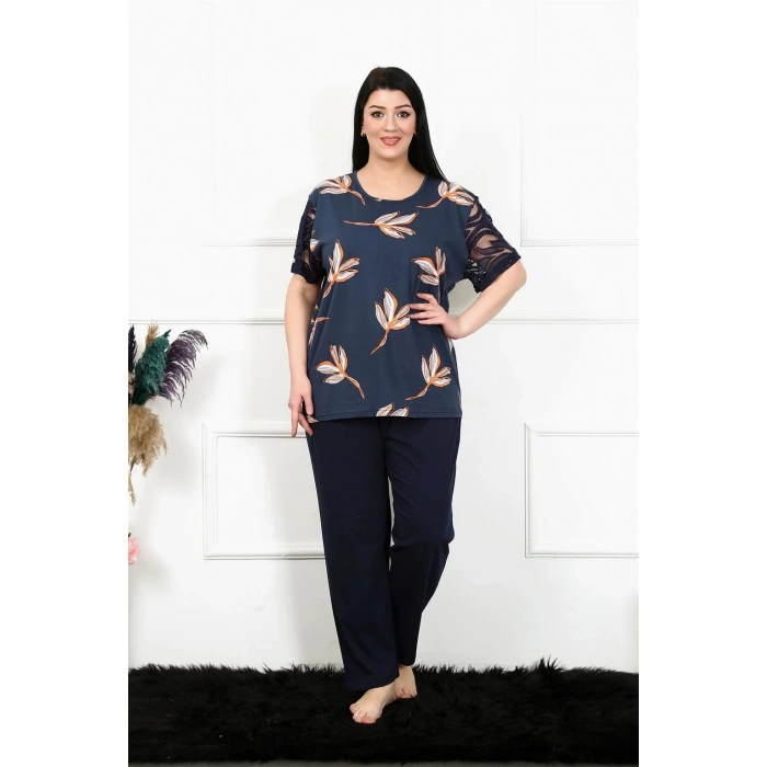Kadın 5XL-6XL-7XL-8XL Büyük Beden Kısa Kol Pijama Takım Lacivert