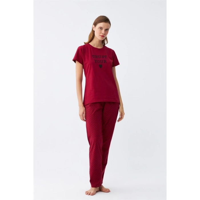 Kadın Bordo Kalp Desenli Kısa Kollu Penye Pijama Takımı