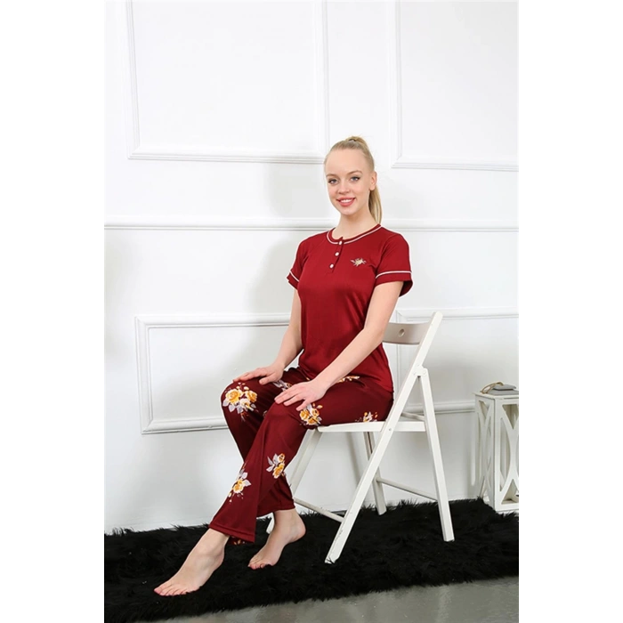 Kadın Bordo Kısa Kol Pijama Takım