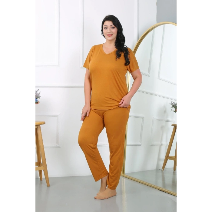 Kadın Büyük Beden Kısa Kol Penye Pijama Takımı Hardal