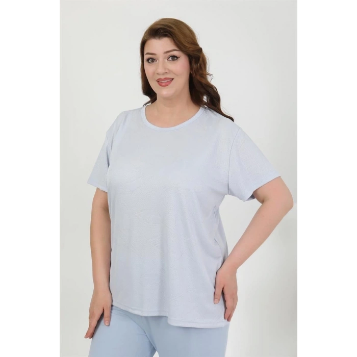 Kadın Büyük Beden Kısa Kol Penye Pijama Takımı Mavi