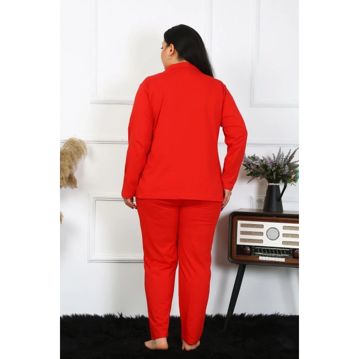 Kadın Büyük Beden Pamuklu Cepli Düğmeli Kırmızı Pijama Takım