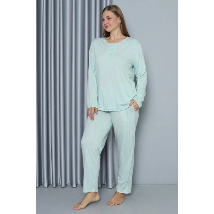 Kadın Büyük Beden Penye Uzun Kol Pijama Takım Su Yeşili