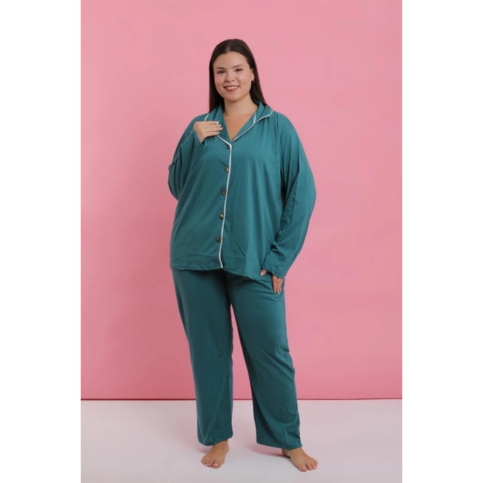 Kadın Büyük Beden Petrol Rengi Düğmeli Pijama Takımı