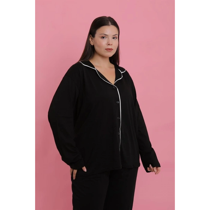 Kadın Büyük Beden Siyah Düğmeli Pijama Takımı