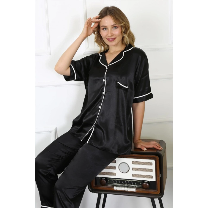 Kadın Büyük Beden Siyah Saten Pijama Takımı