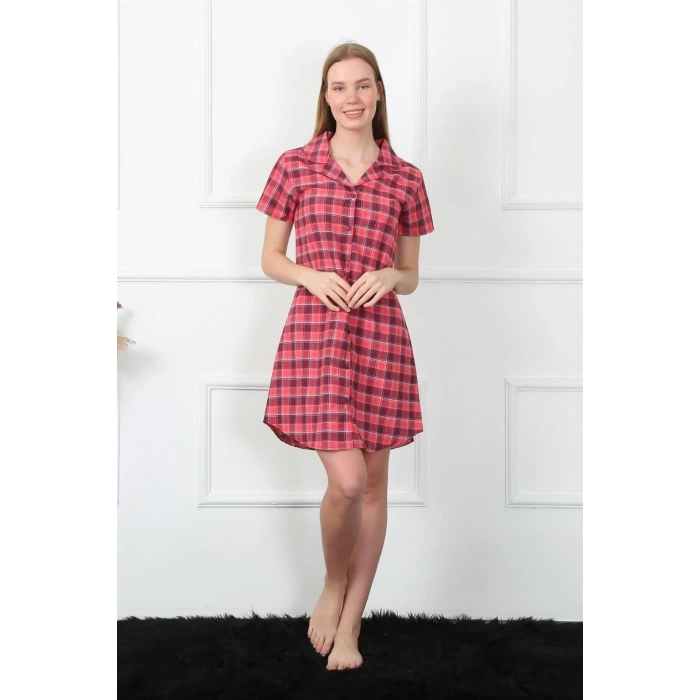 Kadın Dokuma Kumaş Önden Düğmeli Kırmızı Tunik Gecelik