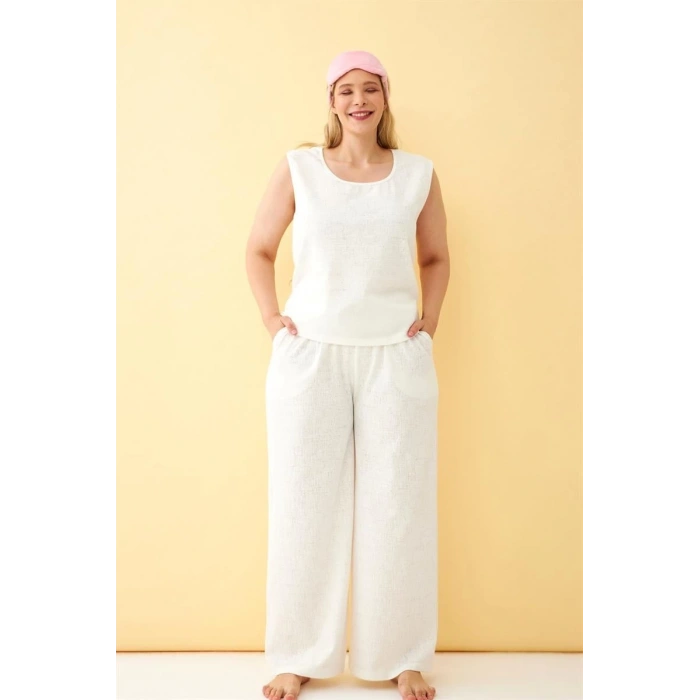 Kadın Ekru Keten Jakarlı Büyük Beden Alt Üst Takım