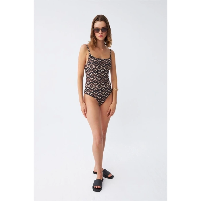 Kadın Etnik Desenli İnce Askılı Vücut Saran Mayo