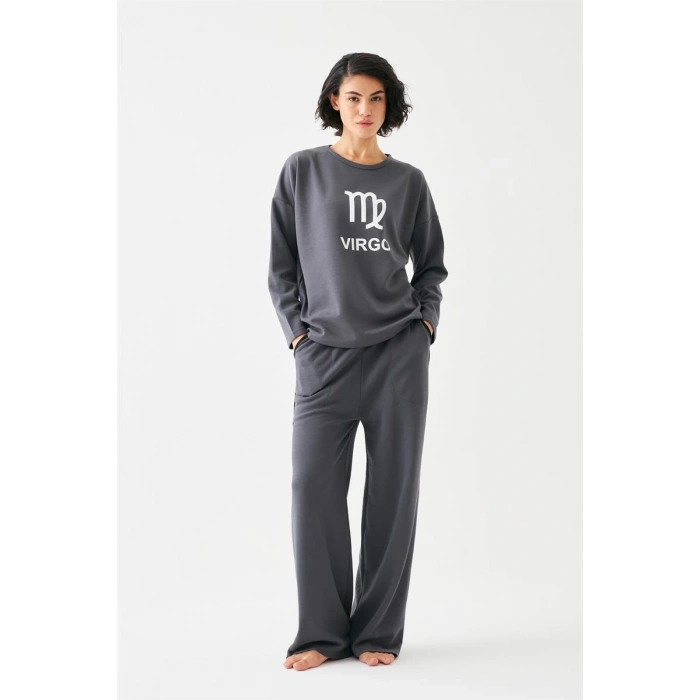 Kadın Füme Başak Burcu Oversize 2 İplik Eşofman Ev Giyim Takımı